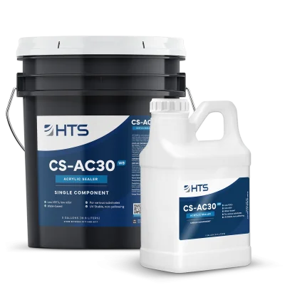 A large black bucket labeled "CS-AC30" alongside a smaller white container of the same product. Both are acrylic sealers, with the larger bucket indicating a five-gallon capacity. The packaging features a blue and white design with the brand name "HTS."