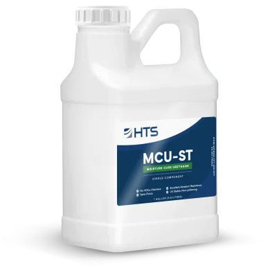 White plastic container of MCU-ST moisture cure urethane from HTS. The label features a blue and white design with product details. The container holds one gallon.