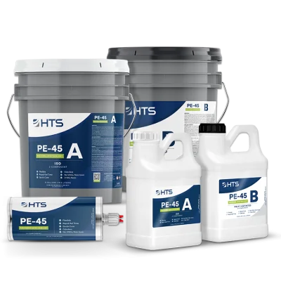 Various containers of PE-45, a product from HTS. The display includes a large bucket labeled A, a smaller bucket labeled B, and several bottles and tubes, all in different sizes and shapes, showcasing the product's packaging.