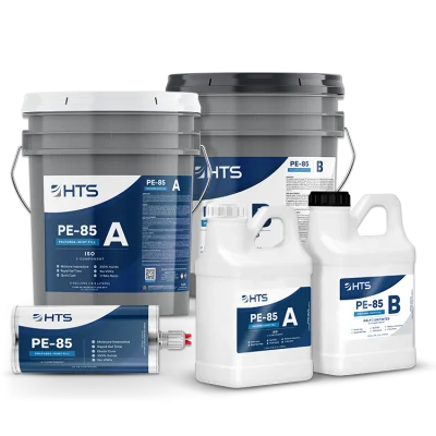 Various containers of PE-85 resin products, including large buckets labeled A and B, a tube, and smaller jugs, all branded with the HTS logo.