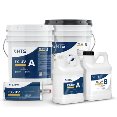 Various containers of TX-UV A and B products from HTS, including a large bucket, smaller jugs, and a tube, all designed for UV applications.